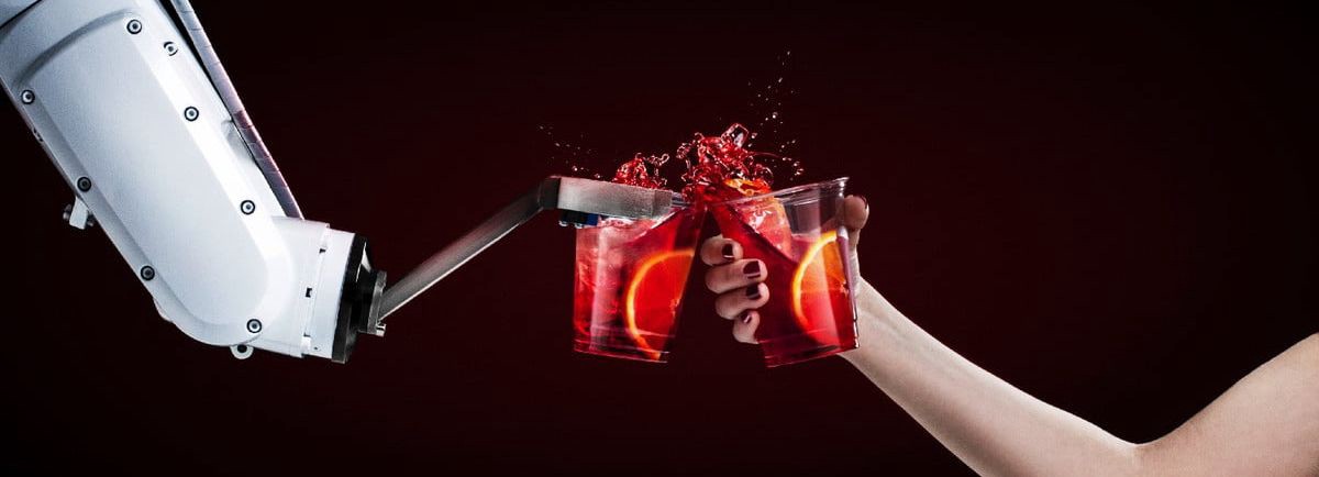 Bartender robotic arm cheering with human