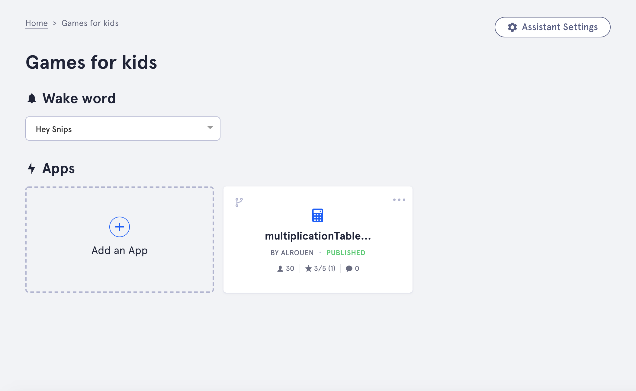 My assistant “Games for kids” with one App (or skill), the multiplication tables quiz