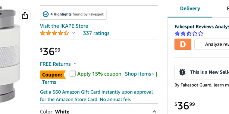 Captured Image Displaying the Functionality of the Fakespot Extension on Amazon's Web Platform