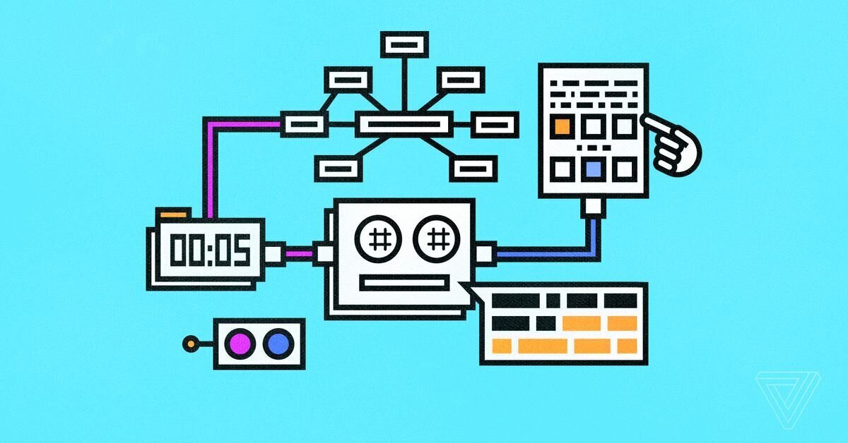 Representation of an AI model with a chatbotin the center, a time ticker, some topic selection, and a tree of information.