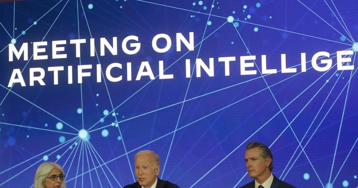 Joe Biden and other people as panelists with a backdrop where you can read "meeting on artificial intelligence" (the intelligence word is cropped)