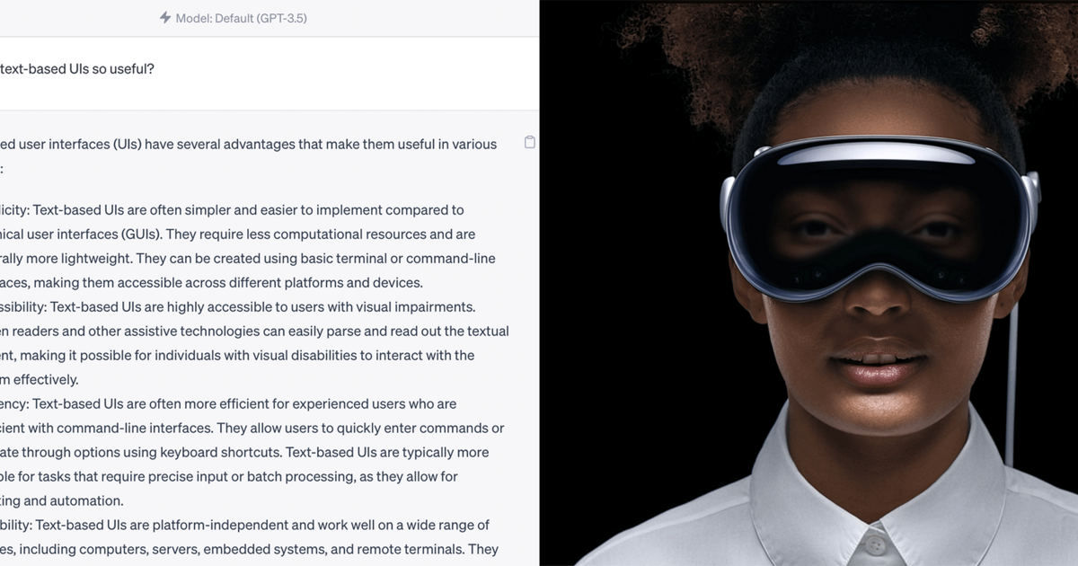 Split view of chat GPT UI on left, and Apple vision pro on the right.